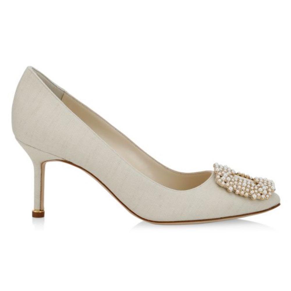 NWOB Manolo Blahnik Cream Hangisi 70 Embellished Buckle Linen Pumps - Sz 5.5